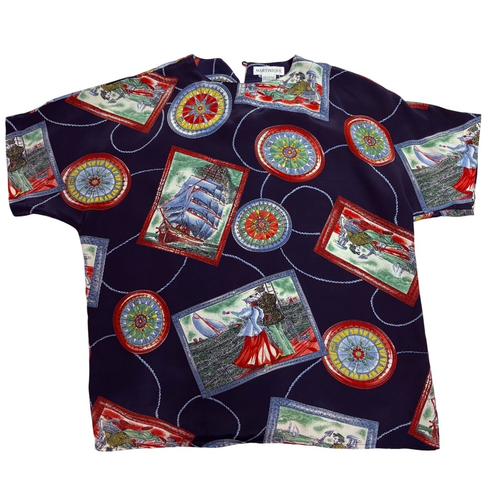 Vintage Martinique Nautical Novelty Print Blouse Navy Blue Sailboat Compass M